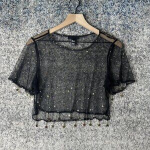 h.ours Shirt Womens Medium Black Sheer Star Mesh Crop Top Festival Party Cute